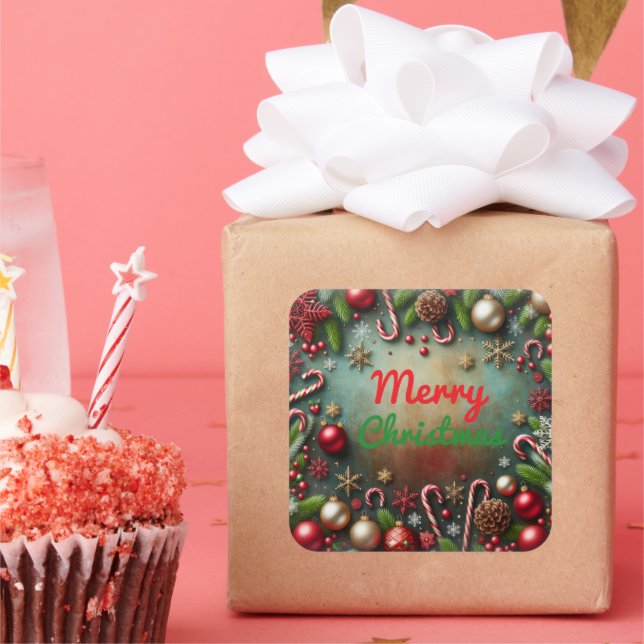 Adesivo Quadrado Vinhetas de Natal Feliz (Festa)