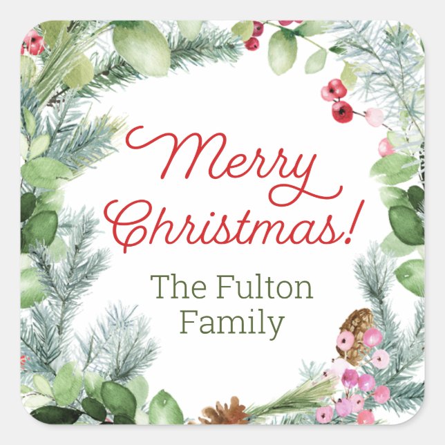 Adesivo Quadrado Vinhetas de Natal, verde e flores (Frente)