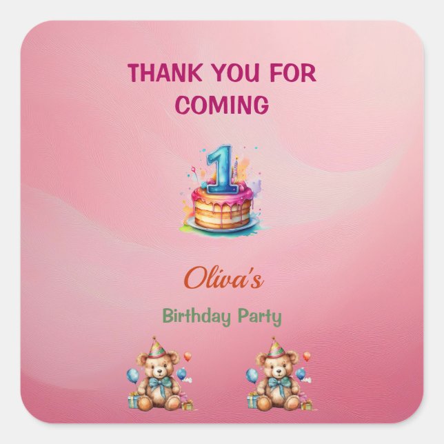 Adesivo Quadrado Vinhetas de primeiro aniversario de Urso Branco (Frente)