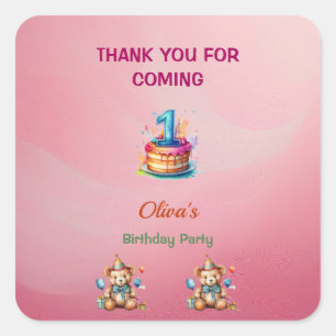 Adesivo Quadrado Vinhetas de primeiro aniversario de Urso Branco