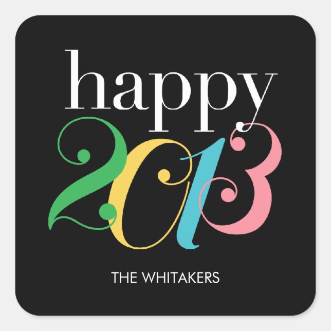 Adesivo Quadrado Vinhetas do Ano Novo de Ano Colorido (Frente)