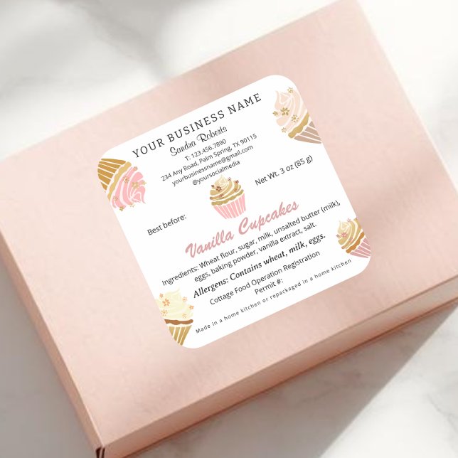 Adesivo Quadrado Vinhetas dos Ingredientes da Lei de Comida de Algo (Blush Pink Cupcake Bakery Cottage Food Law square Stickers)