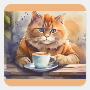 Adesivo Quadrado Vinhetas quadradas de café de Bebendo de gato