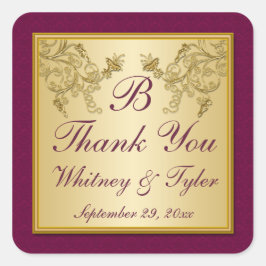 Adesivo Quadrado Vinho de ameixa e Vinheta Monográfica Dourada para