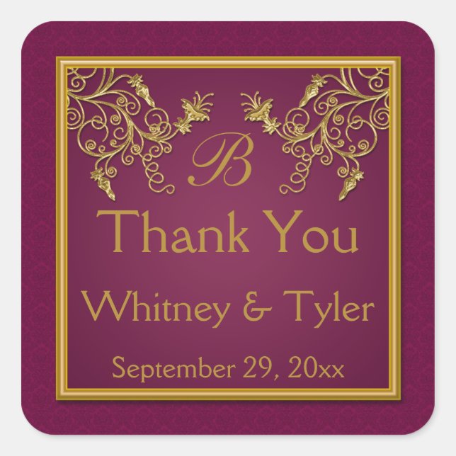 Adesivo Quadrado Vinho de ameixa e Vinheta Monográfica Dourada para (Frente)