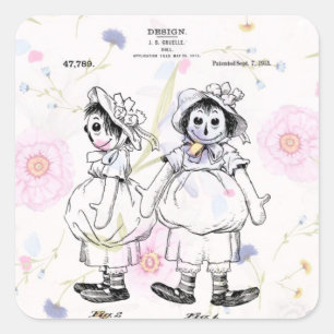 Adesivo Quadrado Vinmtage Raggedy Ann Doll de 1915 Patent Impressã