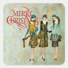 Adesivo Quadrado Vintage 1930 Mulheres Saudação de Natal