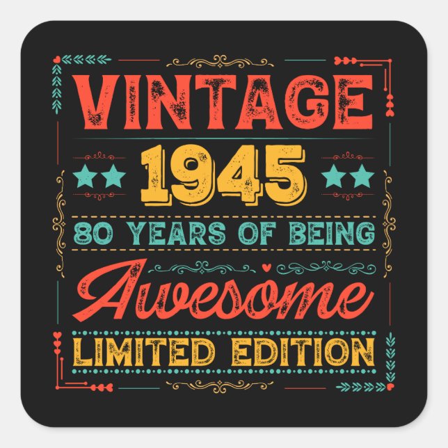 Adesivo Quadrado Vintage 1945 Feito em 1945 - Aniversário de 80 80  (Frente)