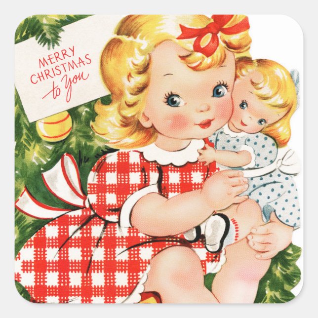 Adesivo Quadrado Vintage 1950 garota com boneca (Frente)