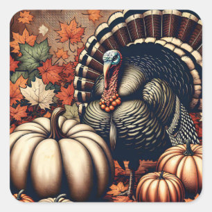 Adesivo Quadrado Vintage Ação de Graças Turquia e Pumpkins