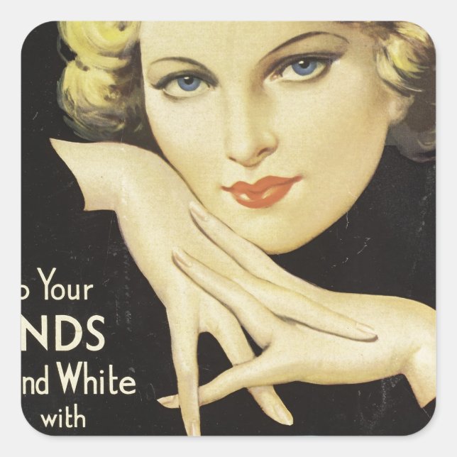 Adesivo Quadrado Vintage Advertisement Mulher loura-de-mão (Frente)