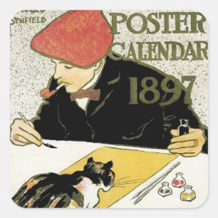 Adesivo Quadrado Vintage Art Nouveau, Artista Pintura com Pet Cat