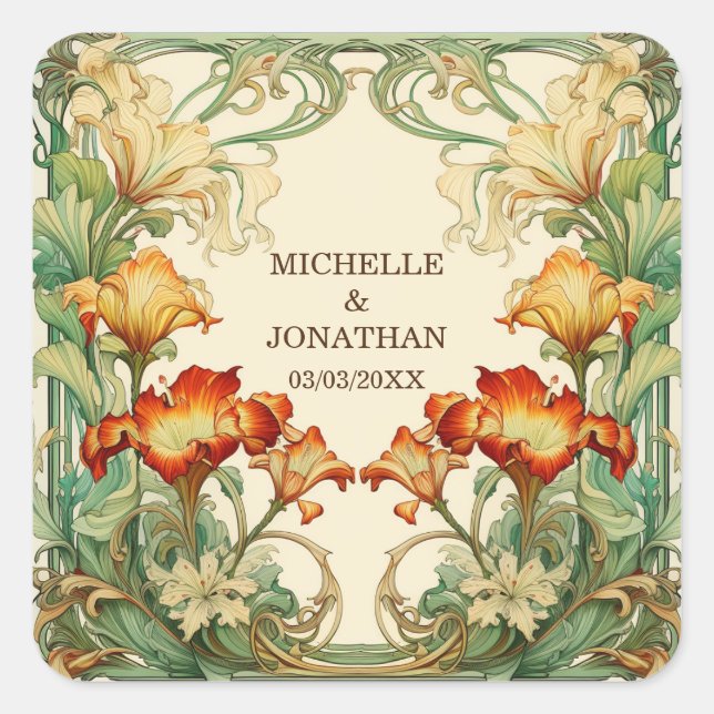 Adesivo Quadrado Vintage Art Nouveau Botânico Mucha Obrigado (Frente)