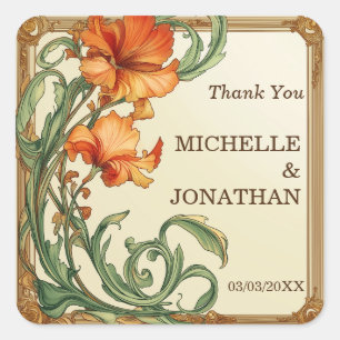 Adesivo Quadrado Vintage Art Nouveau Botânico Mucha Obrigado