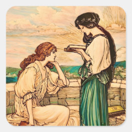 Adesivo Quadrado Vintage Art Nouveau Women Reading by the Sea 