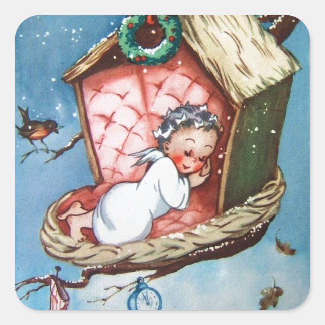Adesivo Quadrado Vintage Baby Angel In Bird Nest (Frente)