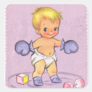 Adesivo Quadrado Vintage Baby Announce/Boxing Glove