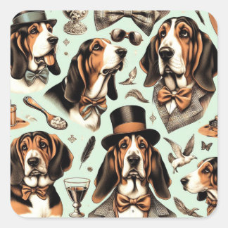 Adesivo Quadrado Vintage Basset Hound Seimune
