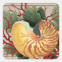Adesivo Quadrado Vintage Beach Seashell & Red Coral
