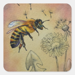 Adesivo Quadrado Vintage Bee N.º 4 Dandelion Watercolor Art