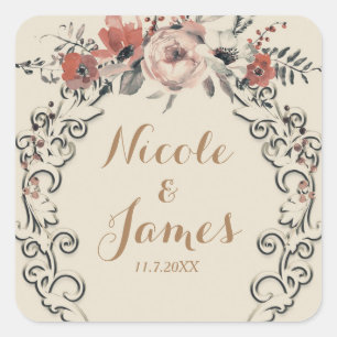 Adesivo Quadrado Vintage Bege Elegante Floral Botânico Casamento