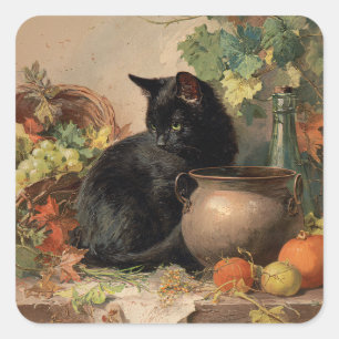 Adesivo Quadrado Vintage Black Cat Em Meio A Frutas De Outono