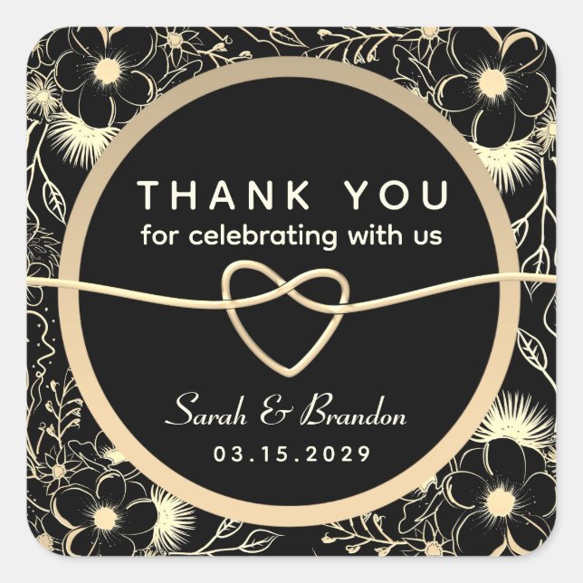 Adesivo Quadrado Vintage Black White Casamento Dourado Obrigado (Frente)