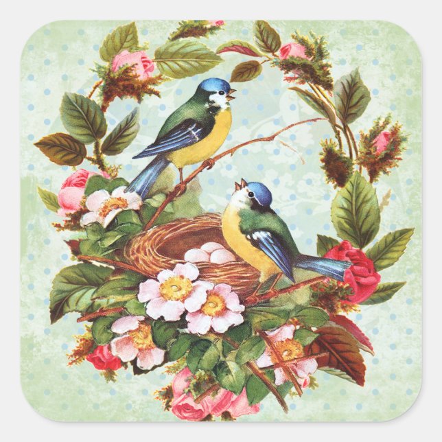 Adesivo Quadrado Vintage Blue Bird Floral Stickers (Frente)