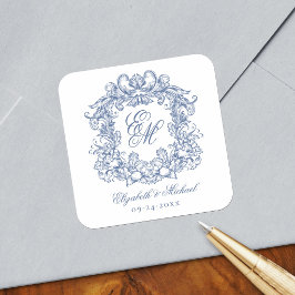 Adesivo Quadrado Vintage Blue Elegant Wedding Monogram Crest