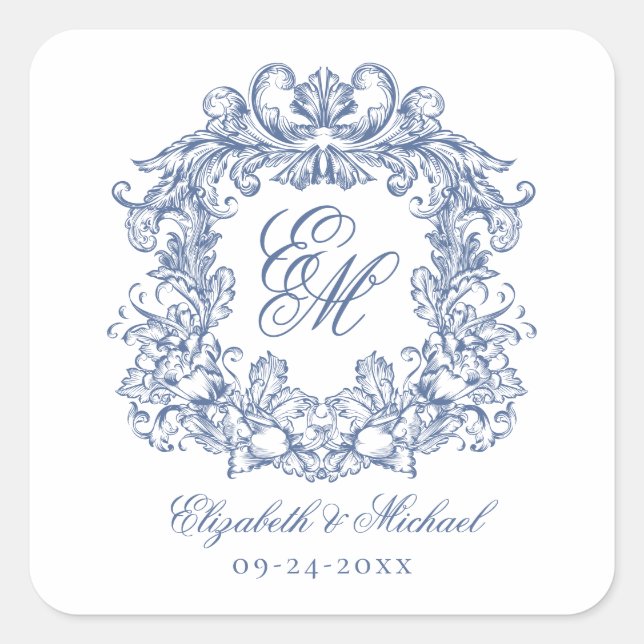 Adesivo Quadrado Vintage Blue Elegant Wedding Monogram Crest (Frente)