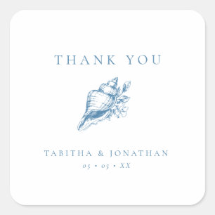 Adesivo Quadrado Vintage Blue Floral Shell Casamento Obrigado
