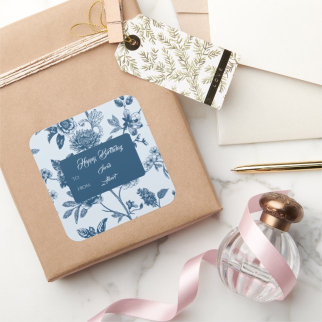 Adesivo Quadrado Vintage Blue Floral Toile Aniversário (Presentear)