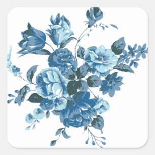Adesivo Quadrado Vintage Blue Rosa e Peony Floral Stickers / Selos