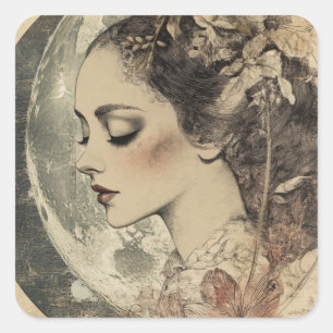 Adesivo Quadrado Vintage Boho Sideview Mulher e Moon Crescente