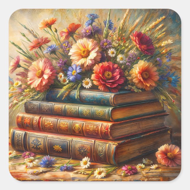 Adesivo Quadrado Vintage Book Stack Floral Art (Frente)
