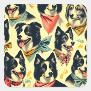 Adesivo Quadrado Vintage Border Collie Seamless
