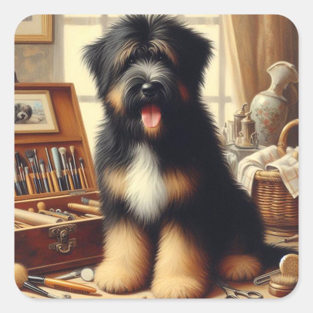 Adesivo Quadrado Vintage Briard Dog Painting (Frente)