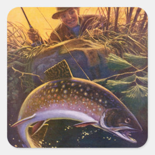 Adesivo Quadrado Vintage Brook Trout Fish Pescador, Pesca Desportiv