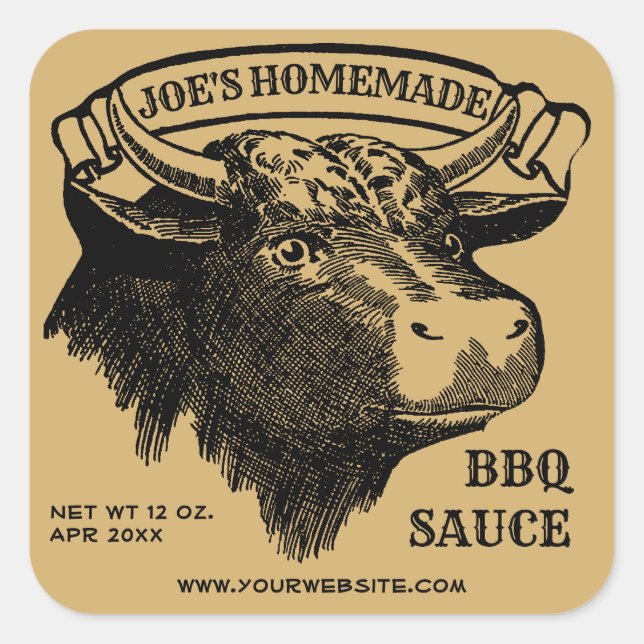 Adesivo Quadrado Vintage Bull Barbecue Sauce Label Modelo (Frente)