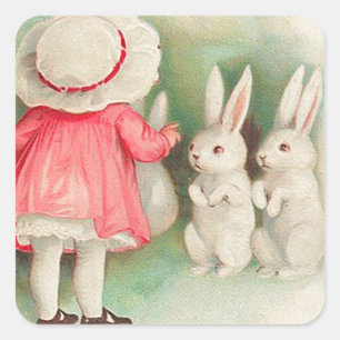 Adesivo Quadrado Vintage Bunny Rabbits Páscoa Saudação