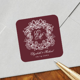 Adesivo Quadrado Vintage Burgundy Elegant Wedding Monogram Crest