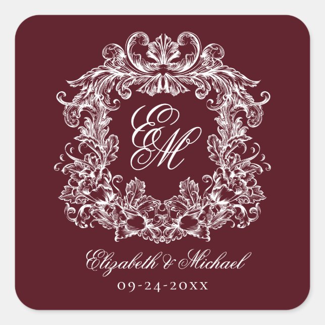 Adesivo Quadrado Vintage Burgundy Elegant Wedding Monogram Crest (Frente)