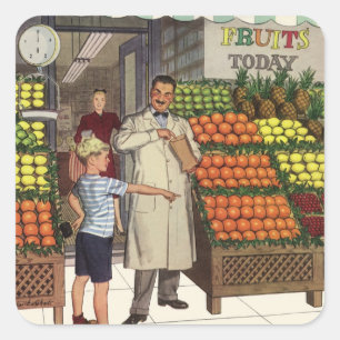 Adesivo Quadrado Vintage Business, Fruta com o Grocer e o Boy