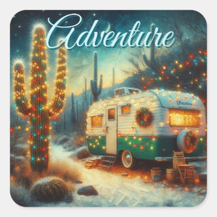 Adesivo Quadrado Vintage Camper Christmas em Desert Saguaro Cactus