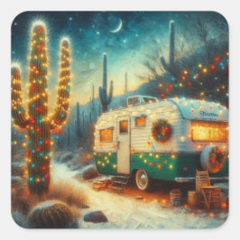 Adesivo Quadrado Vintage Camper Christmas em Desert Saguaro Cactus