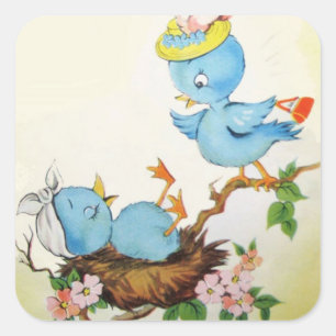 Adesivo Quadrado Vintage Cartoon Birds em um Ninho