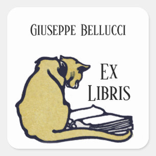 Adesivo Quadrado Vintage Cat e Book Ex Libris Bookplate Sticker
