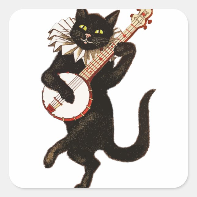 Adesivo Quadrado Vintage Cat Playing Banjo (Frente)