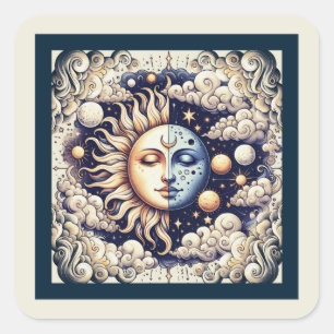 Adesivo Quadrado Vintage Celestial Half Sun e Moon Blue Yellow