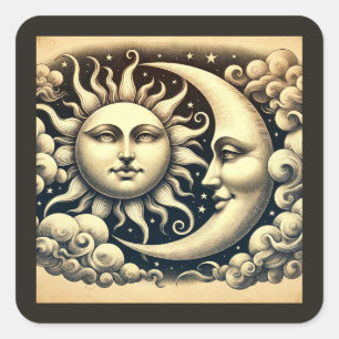 Adesivo Quadrado Vintage Celestial Sun & Moon